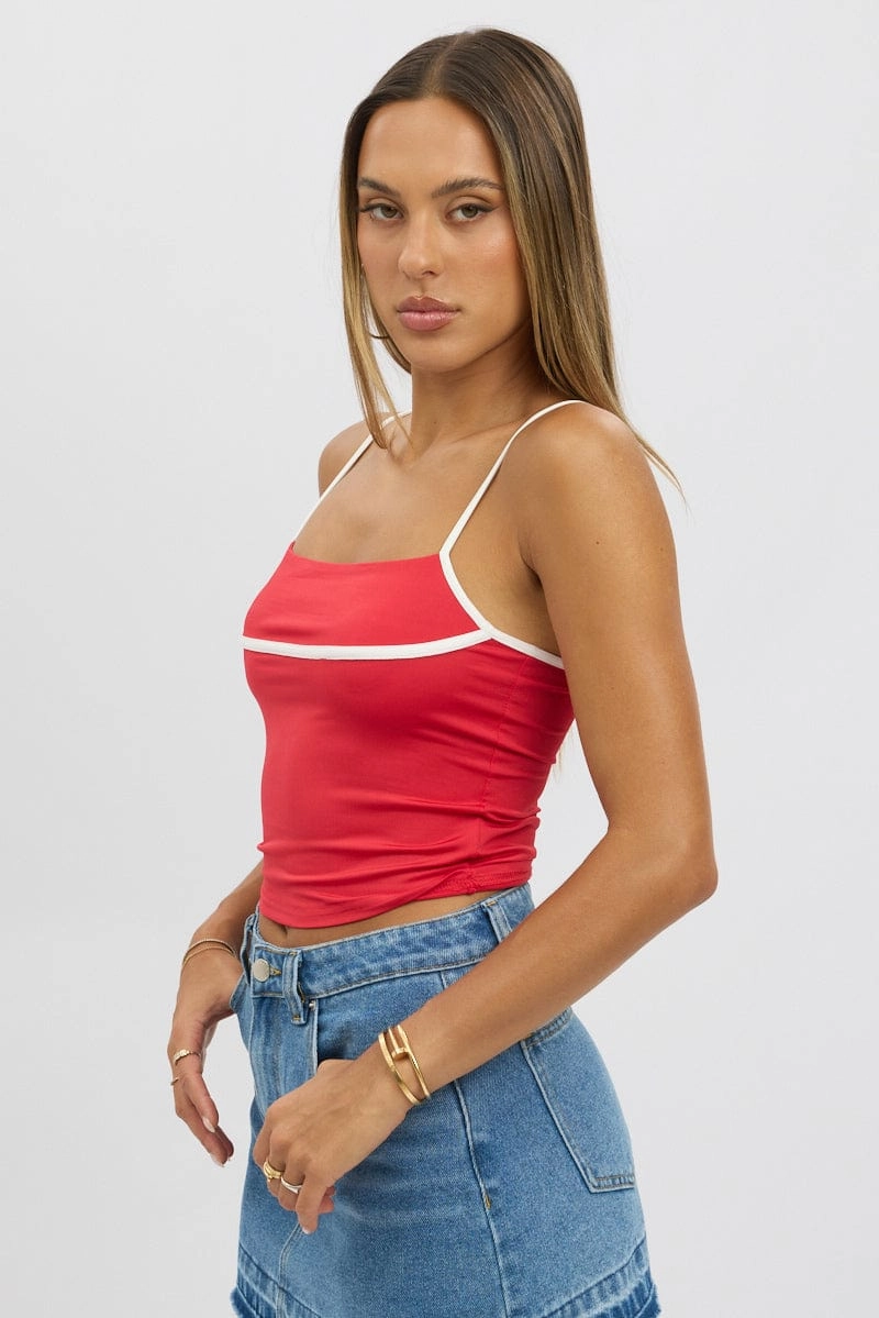 Red Singlet Top Contrast Piping