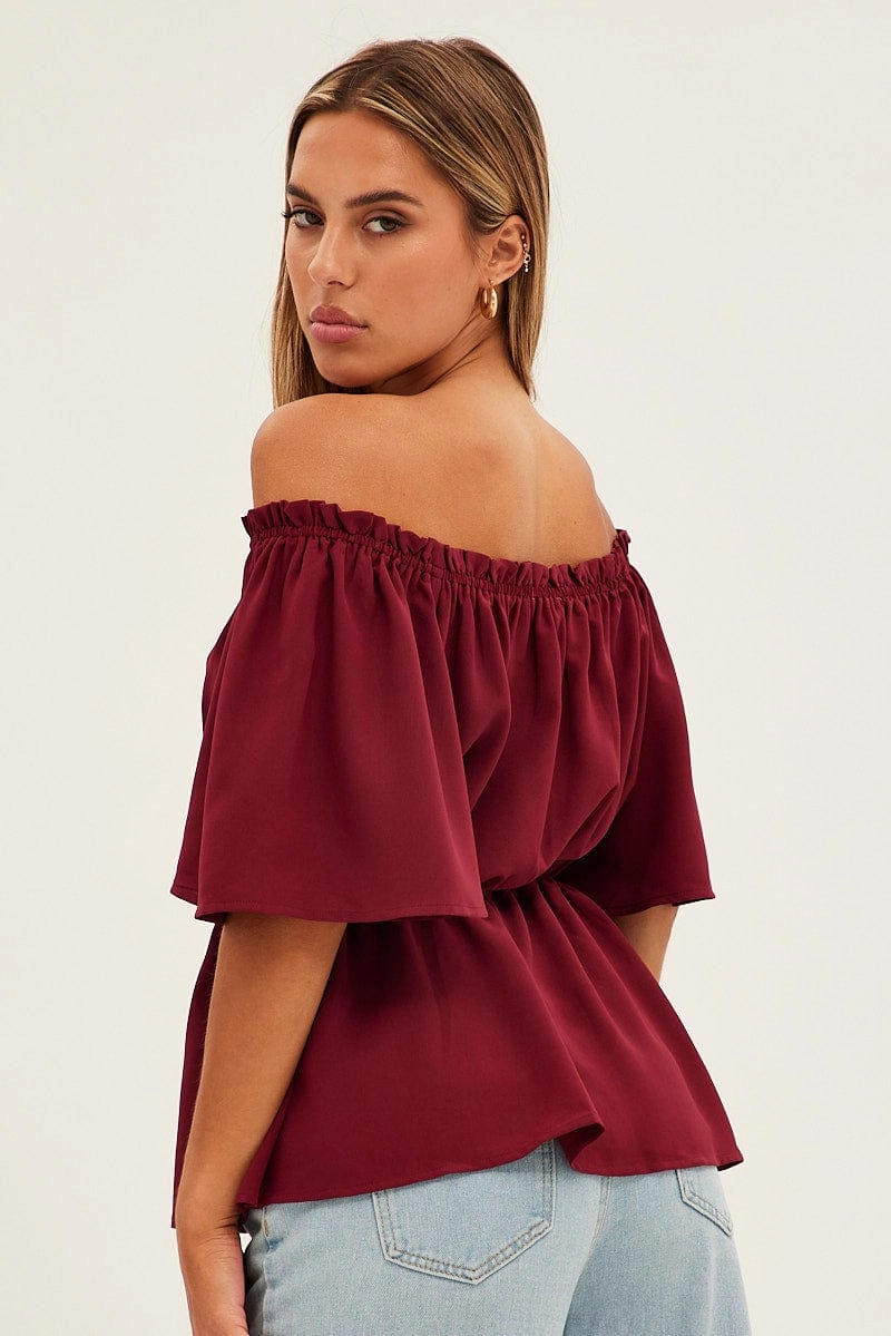 Red Top Short Sleeve Off Shoulder Longline Flutter
