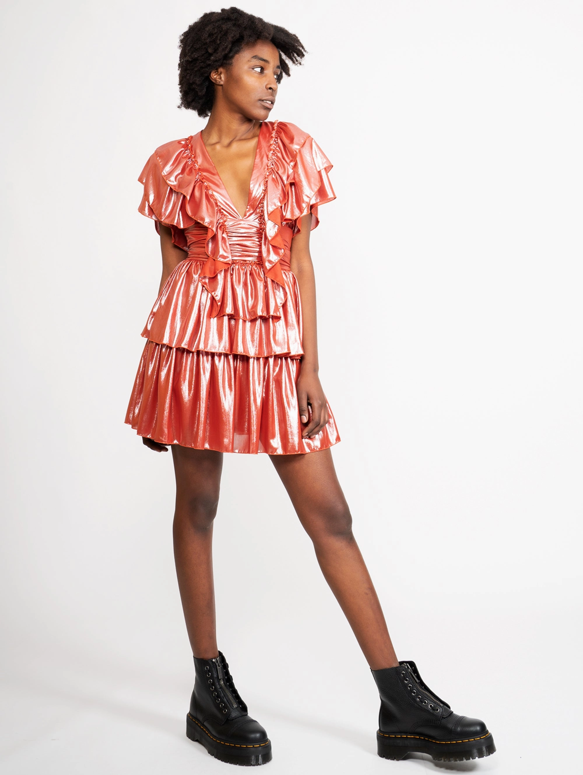 Red V-Neck Laminated Dress
