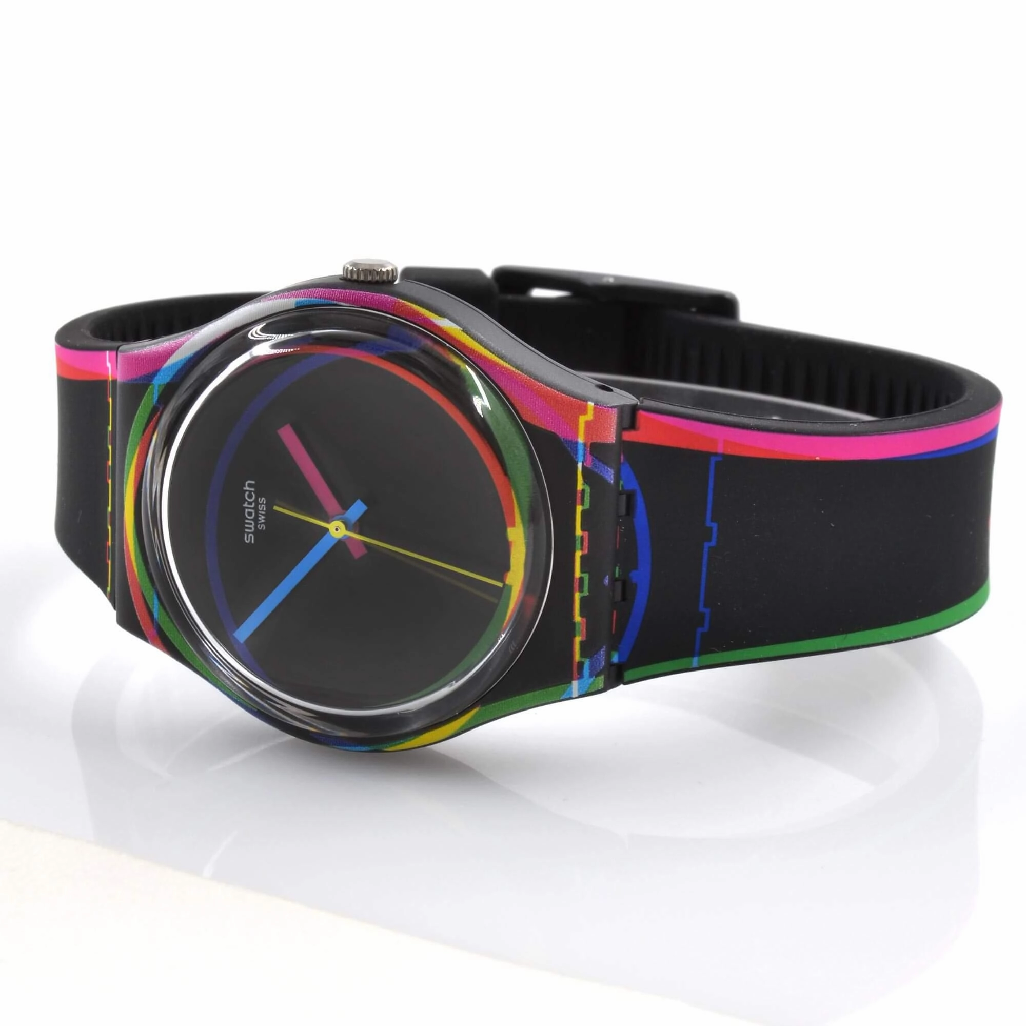 Swatch Women's Watch - Monthly Drops Red Shore Black Dial Silicone Strap | GB333