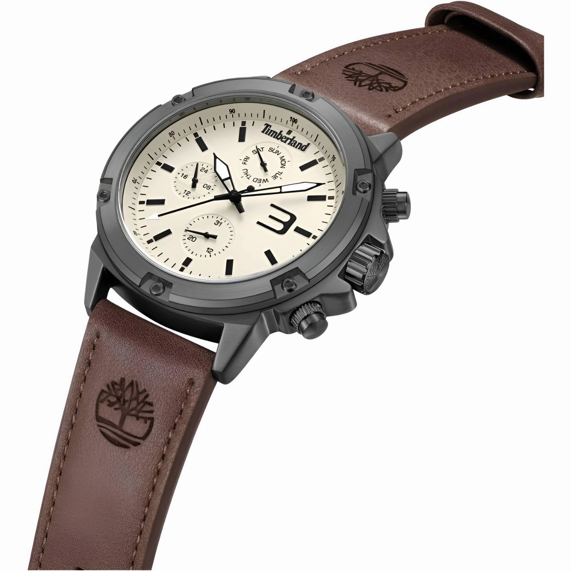 Timberland Men's Watch - Dress Sport Cream Dial Brown Strap Day-Date | TDWGF9002903
