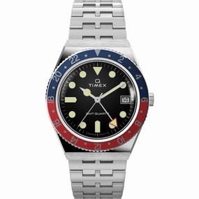 Timex Men's Watch - Q Timex GMT Black Dial Silver Tone Bracelet Quartz | TW2V38000VQ