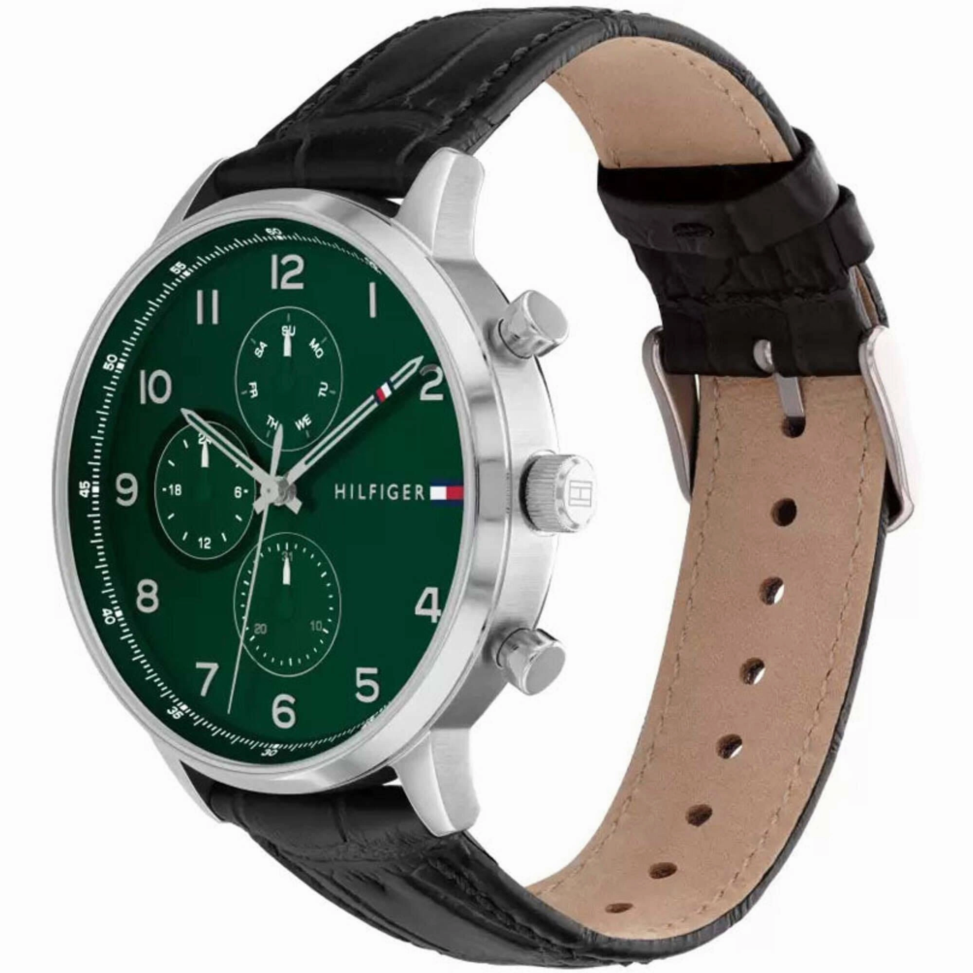 Tommy Hilfiger Men's Watch - Leonard Green Dial Black Leather Strap Quartz | 1791985
