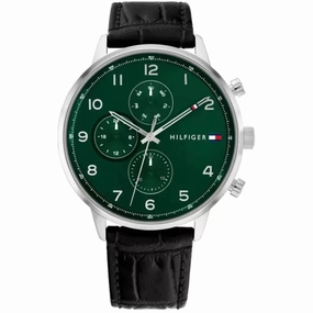 Tommy Hilfiger Men's Watch - Leonard Green Dial Black Leather Strap Quartz | 1791985
