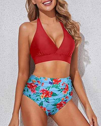 Tummy Control Two Piece Bikini Set Women's Bikini Swimsuits-Blue Flowers