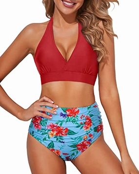 Tummy Control Two Piece Bikini Set Women's Bikini Swimsuits-Blue Flowers