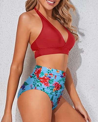 Tummy Control Two Piece Bikini Set Women's Bikini Swimsuits-Blue Flowers