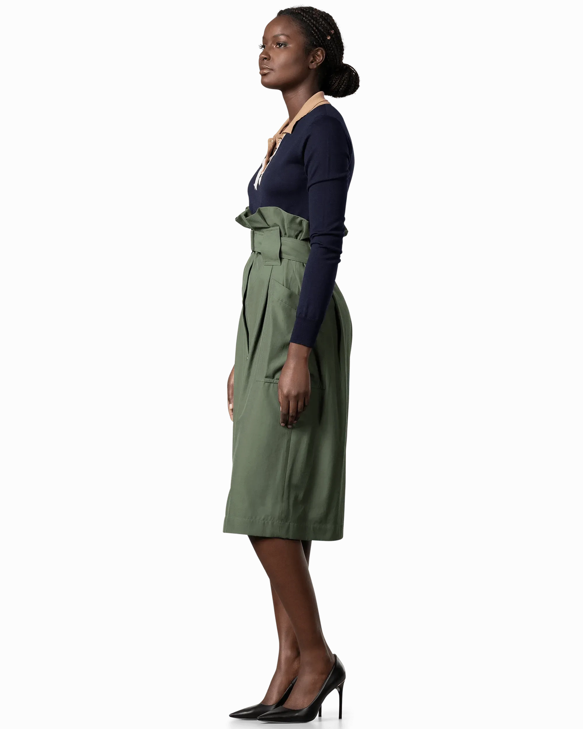 Twill Belted Midi Skirt