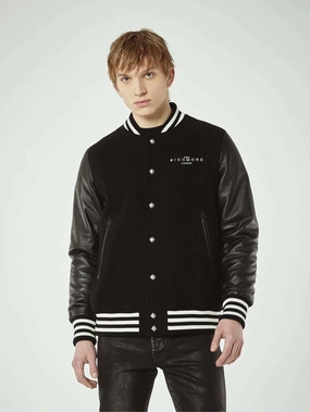Varcity Bomber in Black Wool and Leather