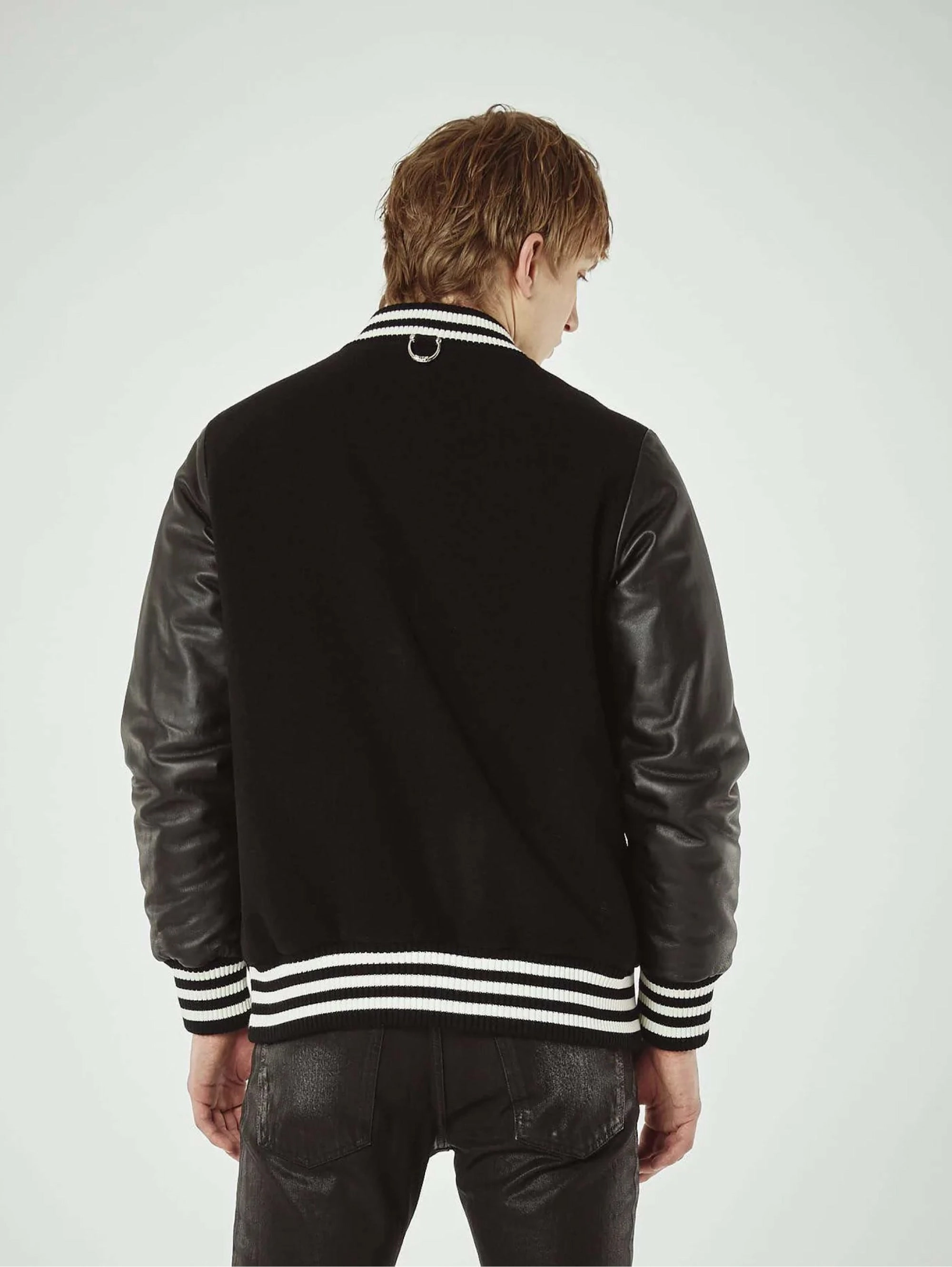 Varcity Bomber in Black Wool and Leather