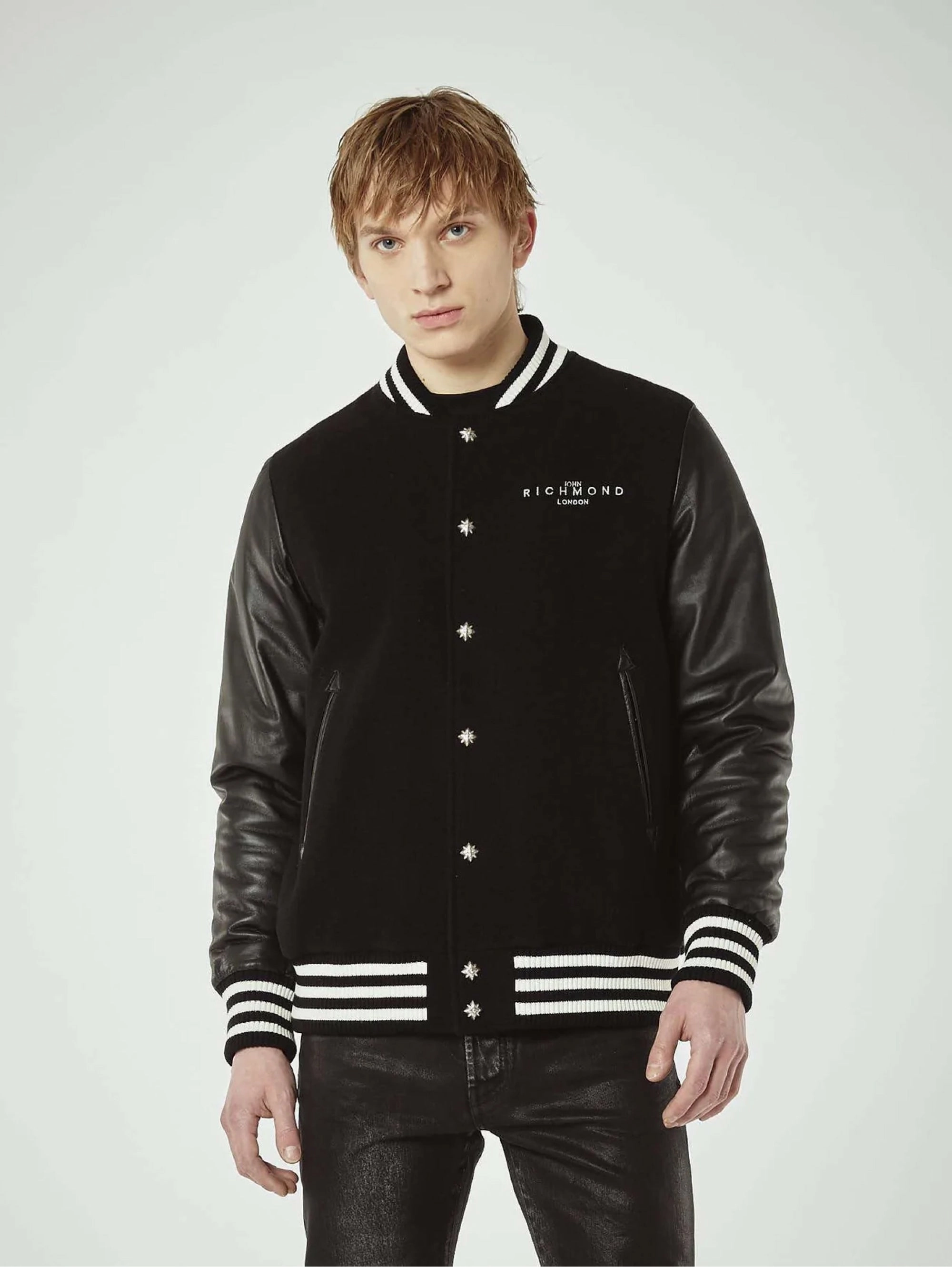 Varcity Bomber in Black Wool and Leather