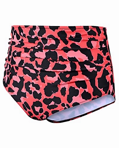 Versatile Women High Waisted Bikini Bottom Retro Ruched Swim Short-Red Leopard