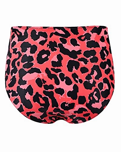 Versatile Women High Waisted Bikini Bottom Retro Ruched Swim Short-Red Leopard