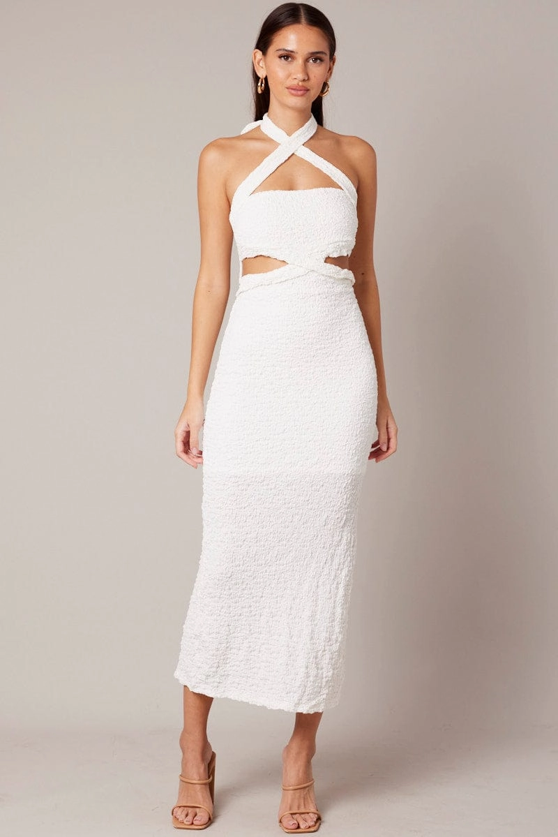 White Bodycon Dress Sleeveless Textured