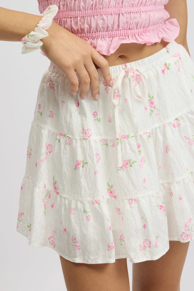 White Ditsy Skater Skirt High Rise Tiered Mini Lined