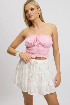 White Ditsy Skater Skirt High Rise Tiered Mini Lined