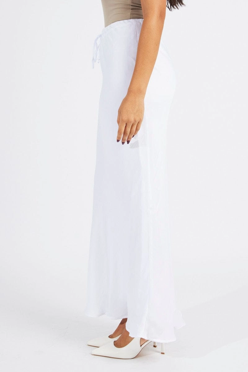 White Drawstring Satin Maxi Skirt