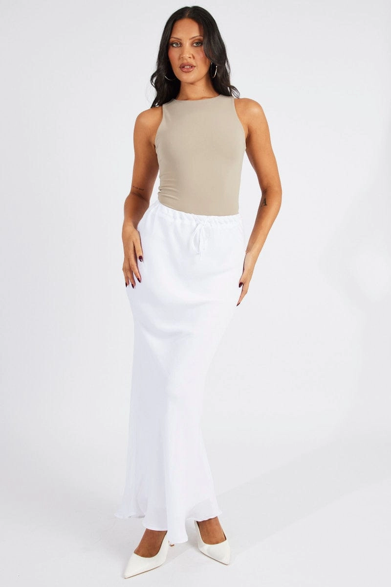 White Drawstring Satin Maxi Skirt
