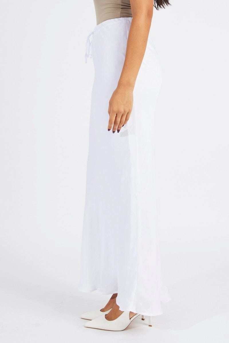 White Drawstring Satin Maxi Skirt
