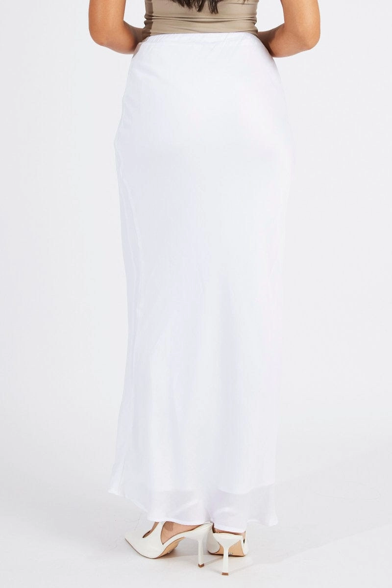 White Drawstring Satin Maxi Skirt