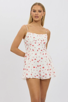 White Floral Playsuit Ruched Bust Strappy