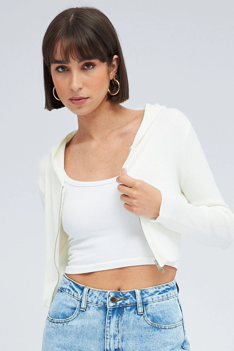 White Knit Zip Up Cardigan Hooded
