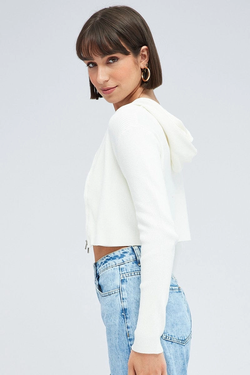White Knit Zip Up Cardigan Hooded
