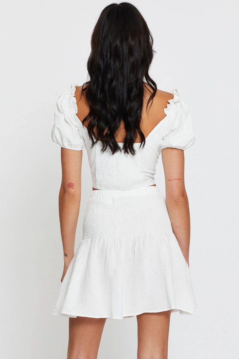 White Linen Blend Shirred Waist Skater Skirt