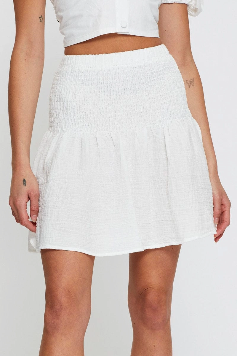 White Linen Blend Shirred Waist Skater Skirt