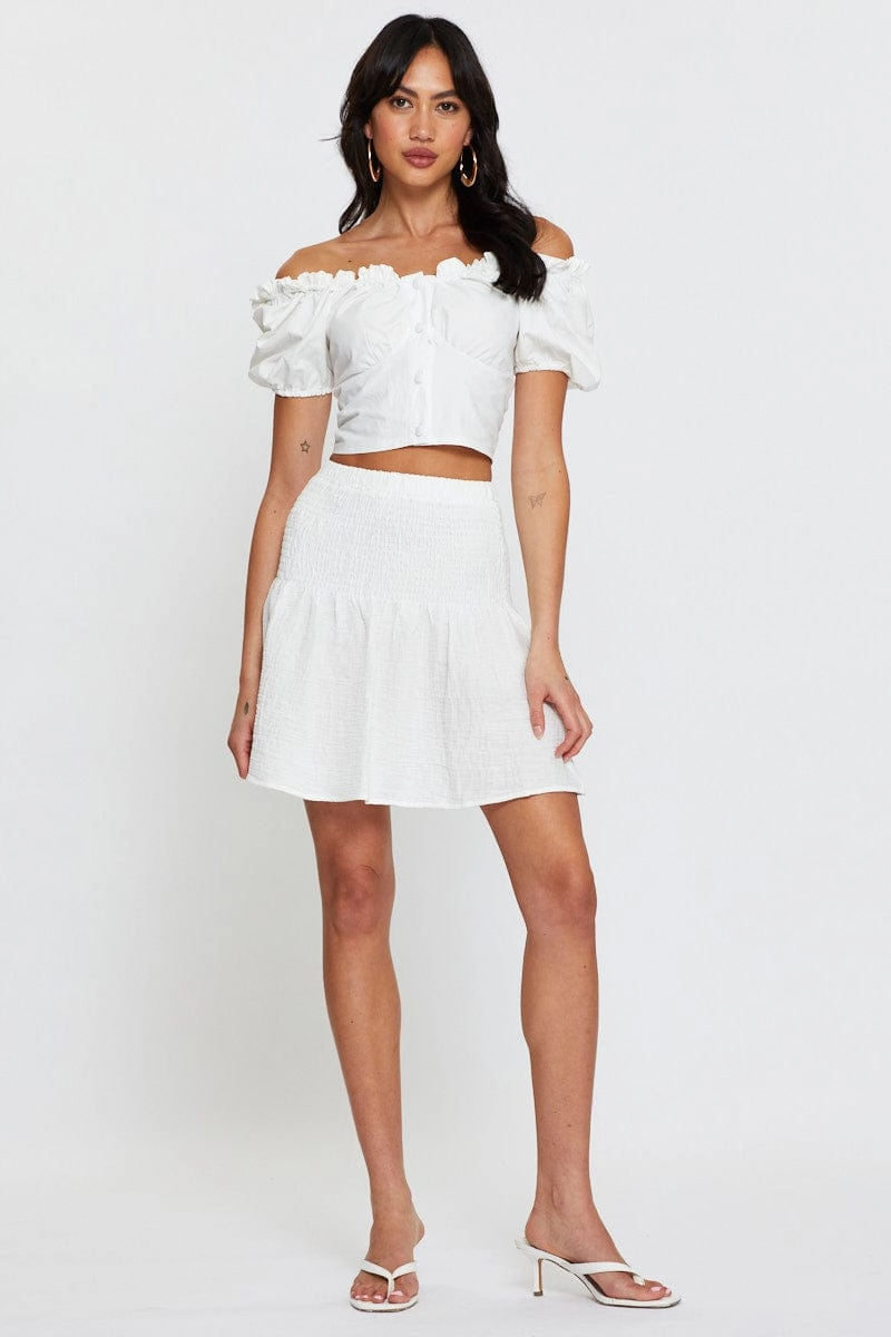 White Linen Blend Shirred Waist Skater Skirt
