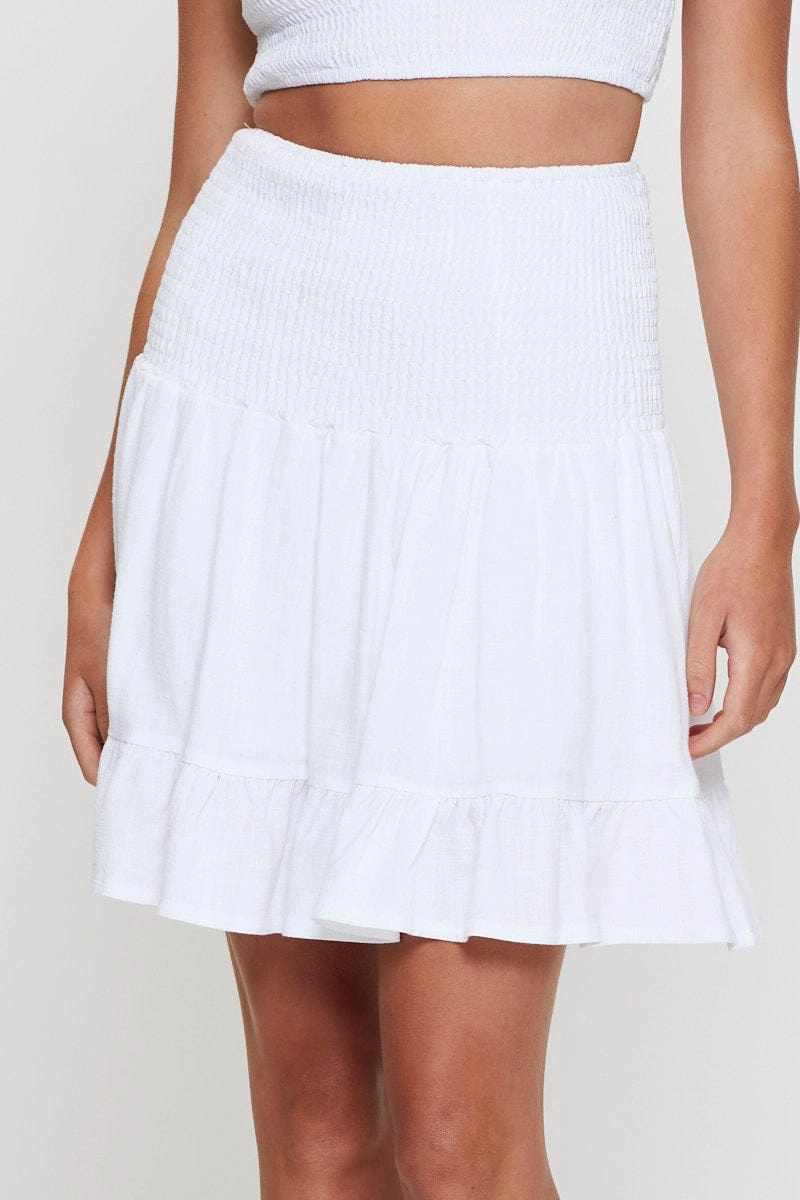 White Shirred Skater Mini Skirt