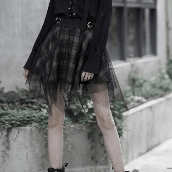 Women's Goth High-waisted Multi-layered Plaid Mesh Skirts