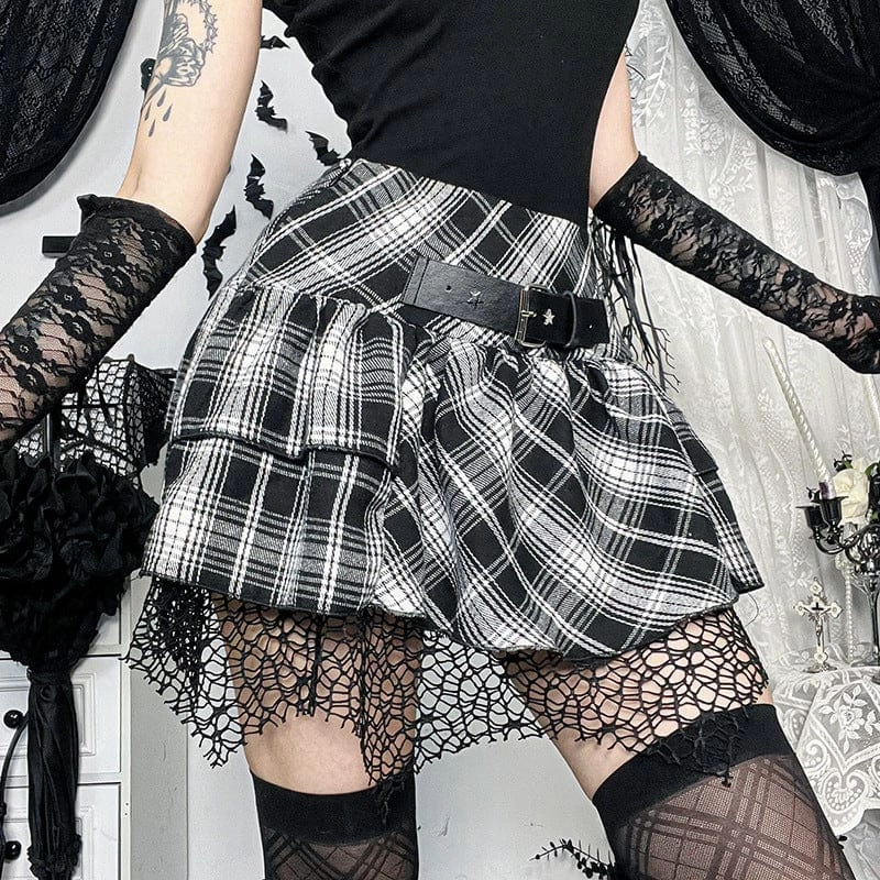 Women's Grunge High-waisted Mesh Splice Plaid Skirt