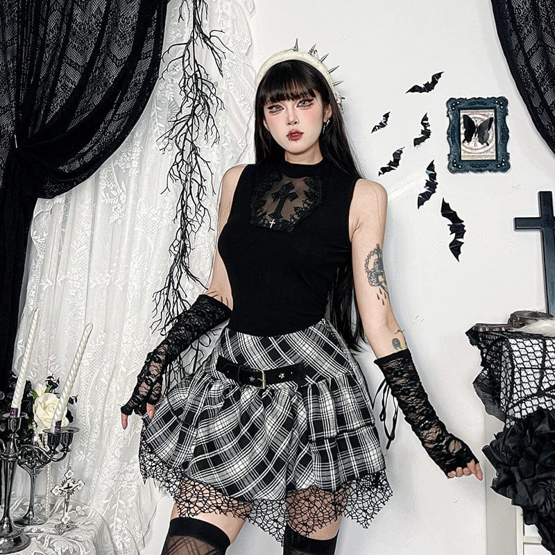 Women's Grunge High-waisted Mesh Splice Plaid Skirt