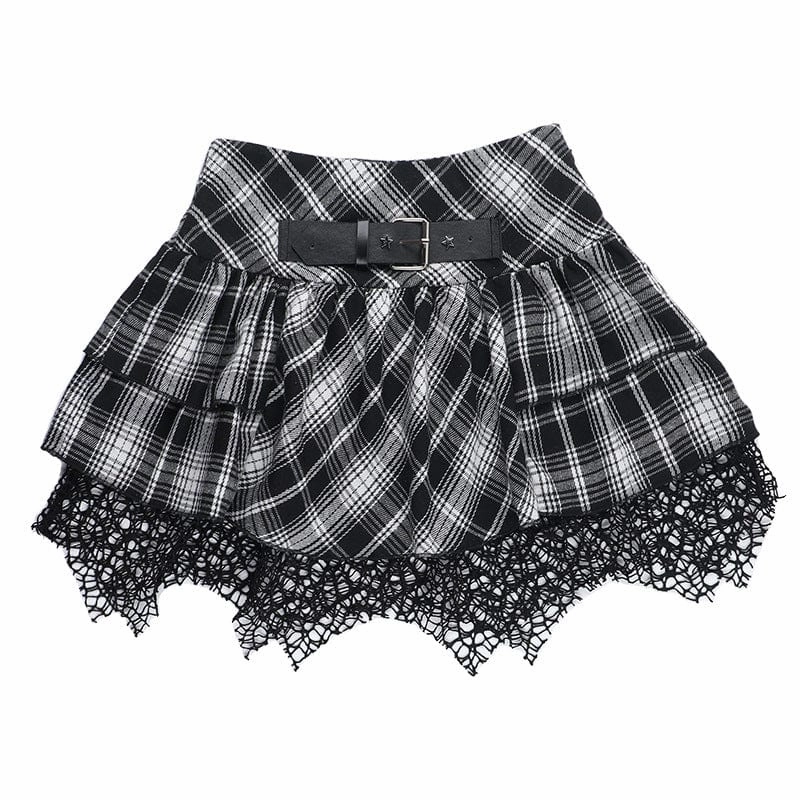 Women's Grunge High-waisted Mesh Splice Plaid Skirt