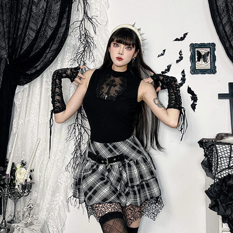 Women's Grunge High-waisted Mesh Splice Plaid Skirt