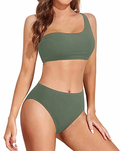 Women's High Cut One Shoulder Bikini High Waisted Bottom-Olive Green