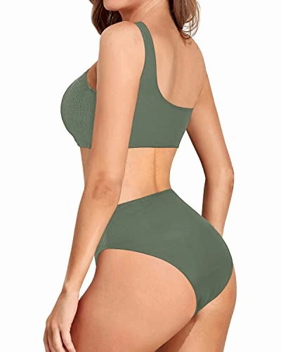 Women's High Cut One Shoulder Bikini High Waisted Bottom-Olive Green