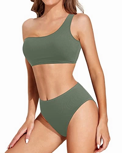 Women's High Cut One Shoulder Bikini High Waisted Bottom-Olive Green