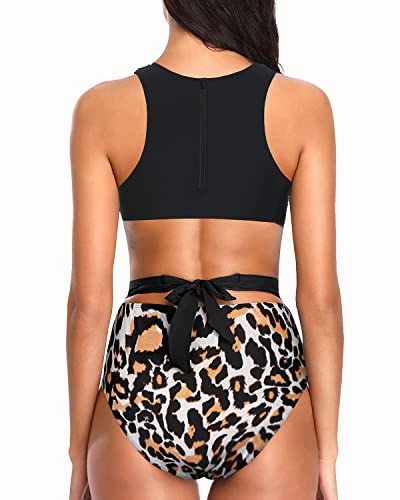 Women's High Waisted Zip Up Tummy Control Cutout Monokini-Black And Leopard