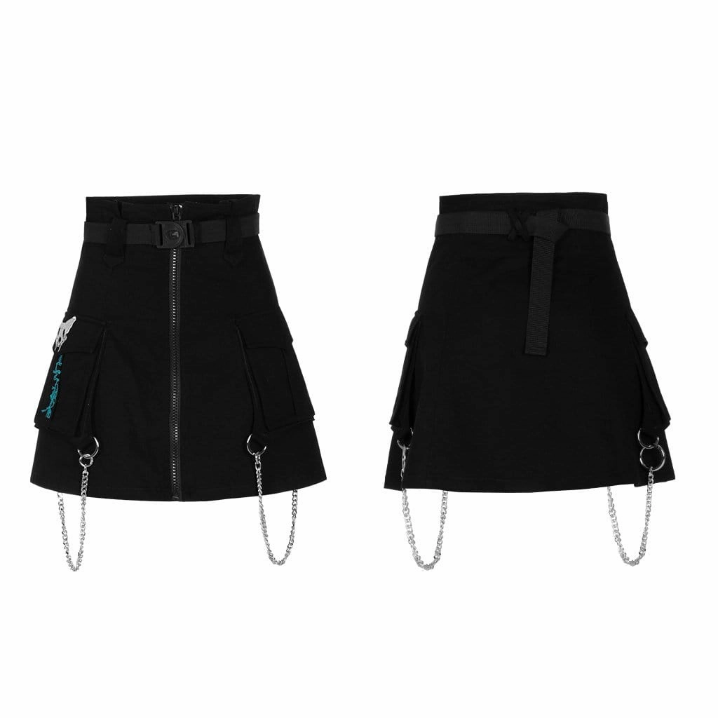 Women's Punk High-waisted Front Zip Cargo SKirts with Belt