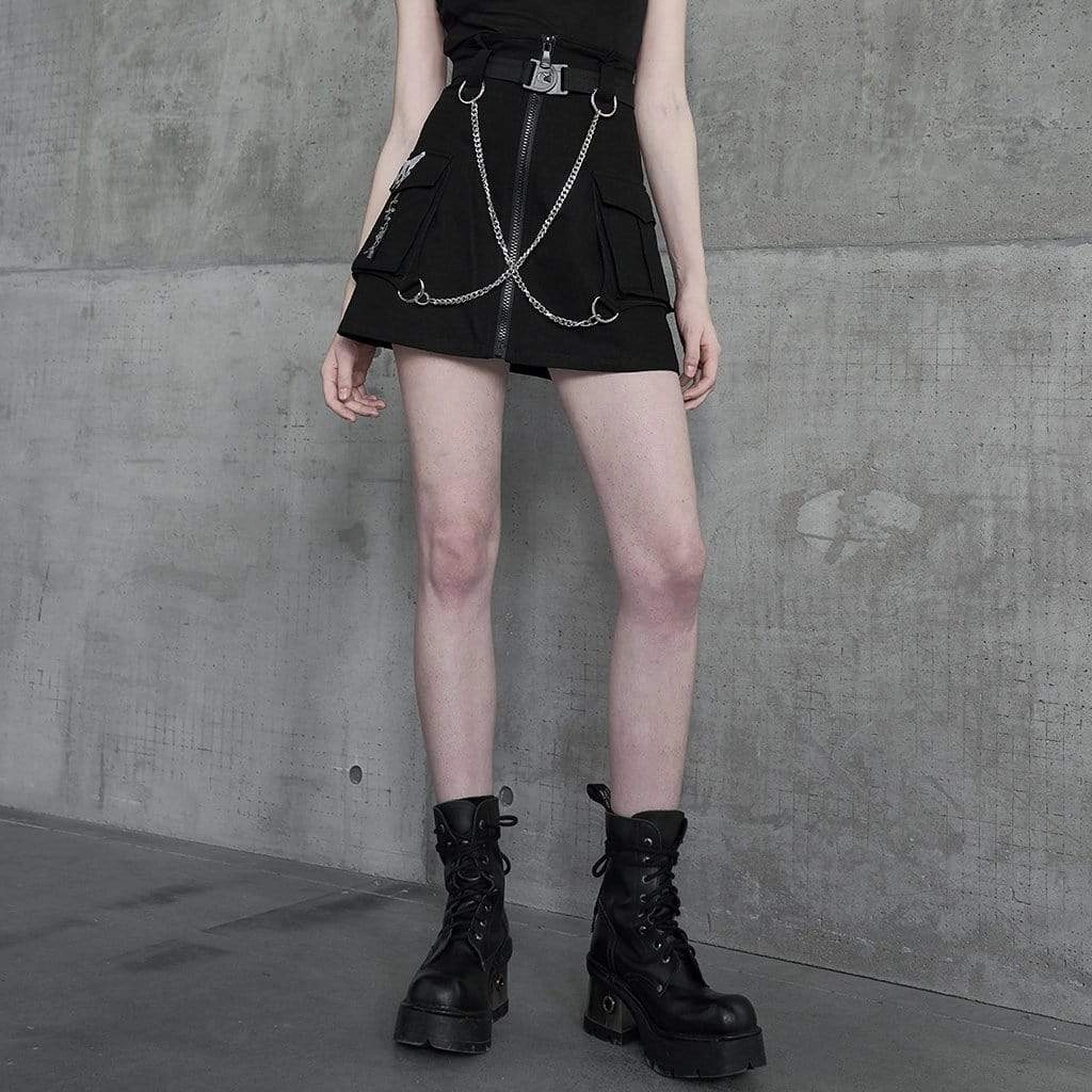 Women's Punk High-waisted Front Zip Cargo SKirts with Belt