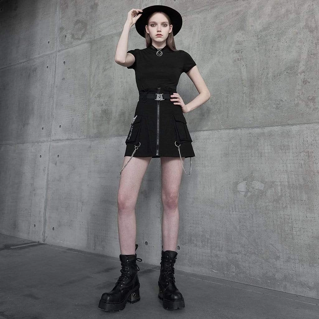 Women's Punk High-waisted Front Zip Cargo SKirts with Belt