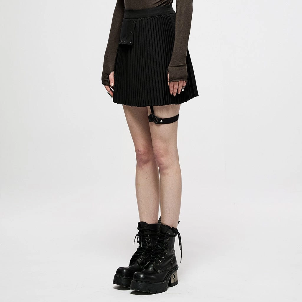 Women's Punk High-waisted Pleated Skirt With Garter