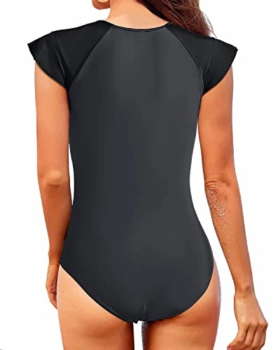 Women's Short Sleeve Zip Front One Piece Surfing Rash Guard-Grey And Black