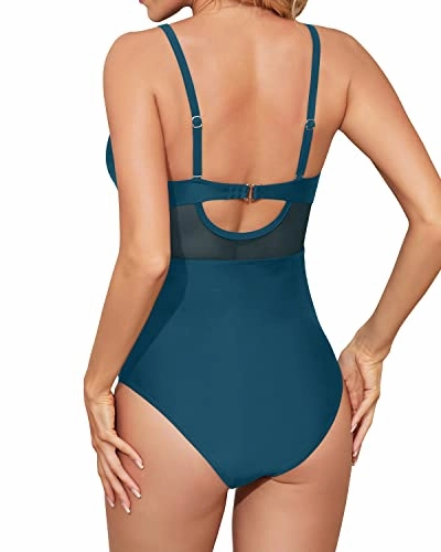 Women's Tummy Control Push Up Cutout V Neck One Piece Swimwear-Teal