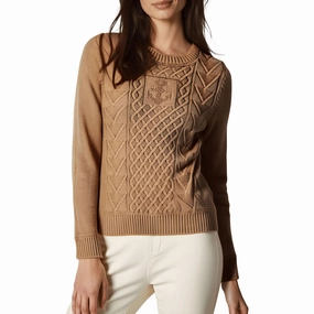 Womens Solid Cable Knit Crewneck Sweater