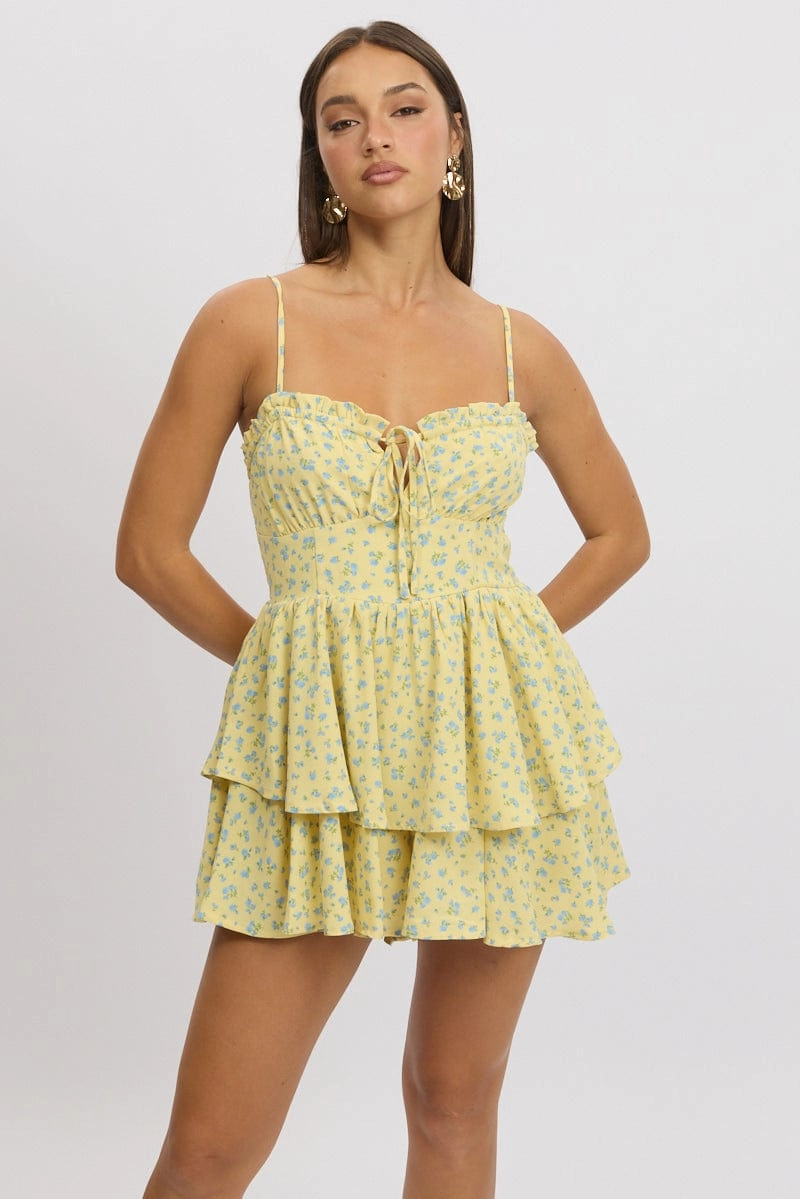 Yellow Ditsy Ruffle Playsuit Sleeveless Frilled