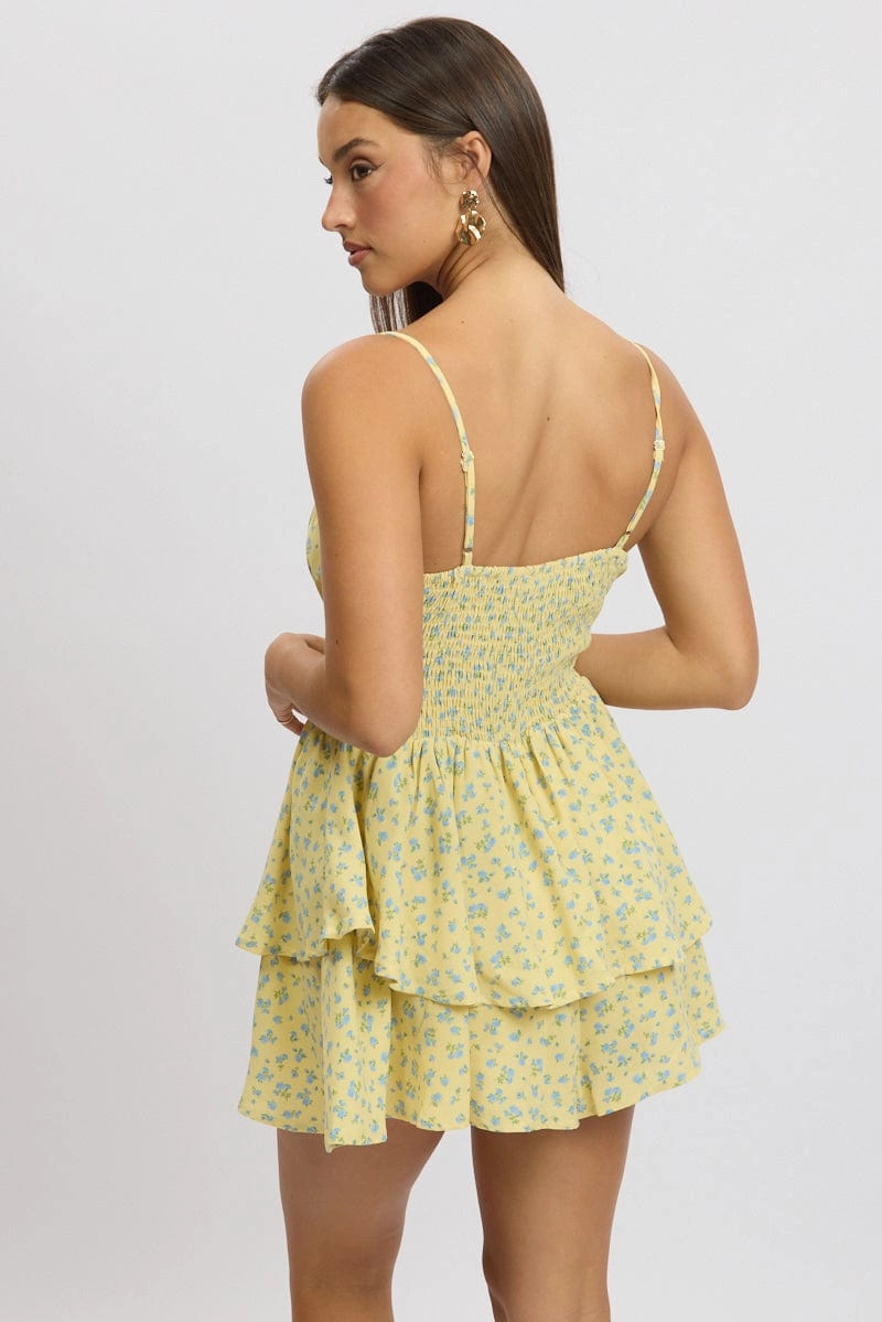 Yellow Ditsy Ruffle Playsuit Sleeveless Frilled