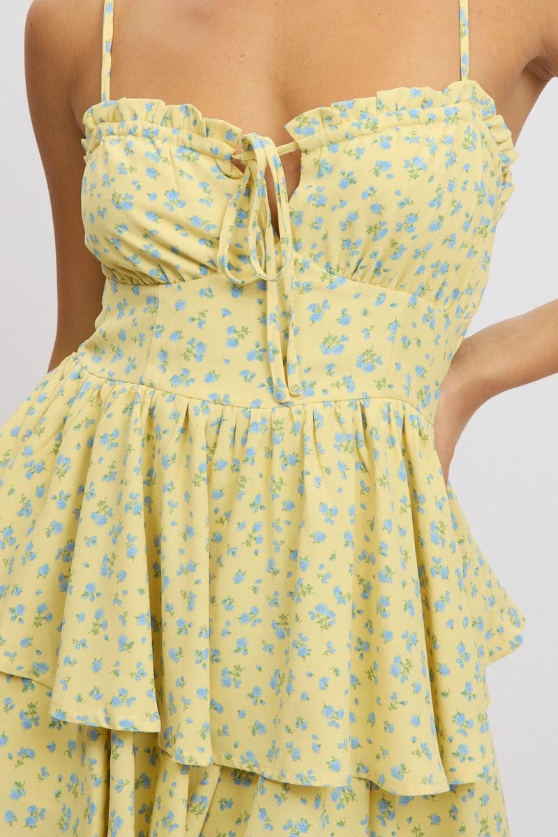 Yellow Ditsy Ruffle Playsuit Sleeveless Frilled